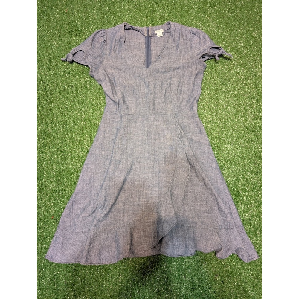 J.Crew Chambray Dress V-Neck‎ Tie Sleeve Ruffle Hem Casual Blue Size 0 (Read)